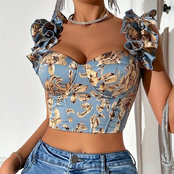 Dusty Blue Boho Women's Leaf Print Ruffle Trim Bustier Wide Straps Crop Top - Picture 4 of 4
